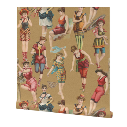 partially rolled wallpaper with vintage-style illustrations of women in colorful outfits on a beige background
