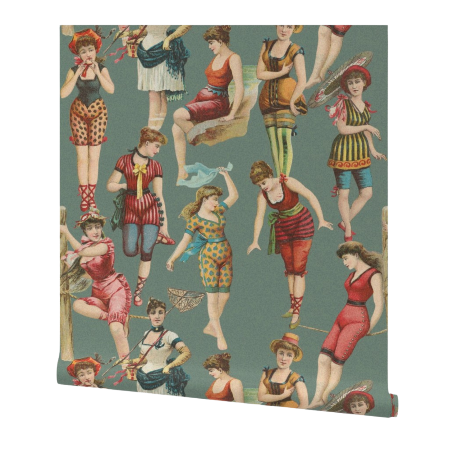 partially rolled wallpaper with vintage-style illustrations of women in colorful outfits on a teal background