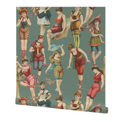 partially rolled wallpaper with vintage-style illustrations of women in colorful outfits on a teal background