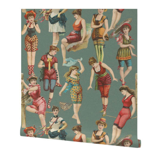 partially rolled wallpaper with vintage-style illustrations of women in colorful outfits on a teal background
